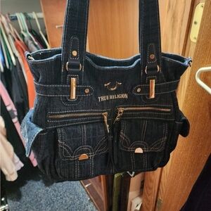 True Religion Dark Denim Shoulder Tote with Gold Hardware Long Crossbody Strap